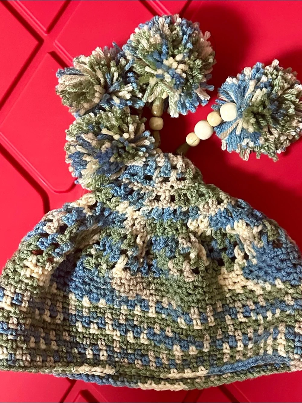 One-of-a-Kind Handcrafted Hippie Crochet Pom-Pom Hat Boho Beanie Wood Beads